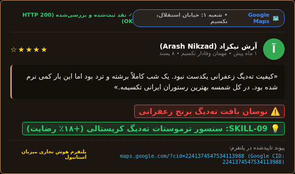 اسکرین‌شات نقد آرش نیکزاد در گوگل مپ